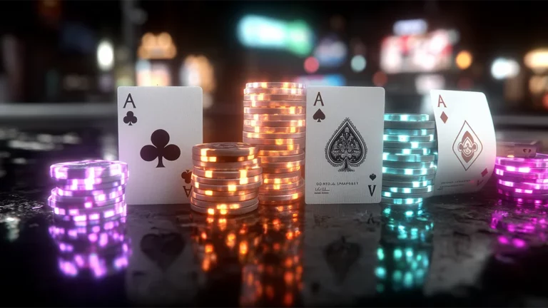 Poker chips and cryptocurrency coins representing play to earn mobile casino poker.