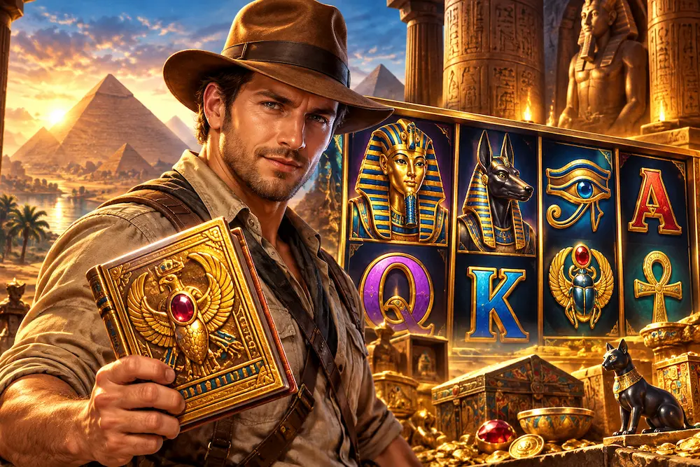 Ancient Egypt-themed slot machines featuring golden pyramids, pharaohs, Egyptian gods, and ancient treasures