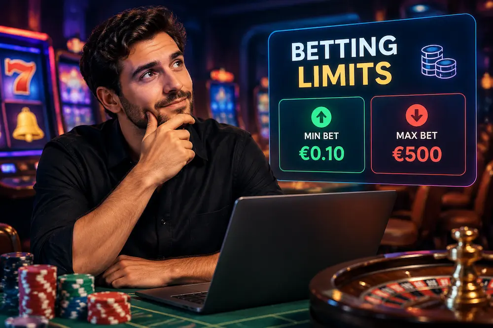 A man exploring casino betting limits on a laptop, with a visual comparison of minimum and maximum bets in an online casino.