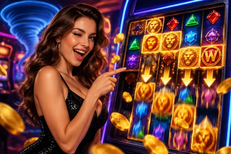 Woman pointing at cascading slot reels with glowing symbols and falling gold coins in an online casino.