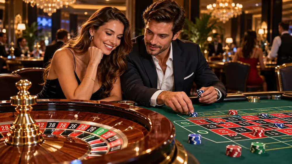 Beginner learning European roulette rules at an online casino table with a roulette wheel and betting chips.
