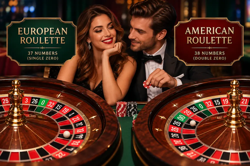 European and American roulette wheels showing the differences between single-zero and double-zero roulette.