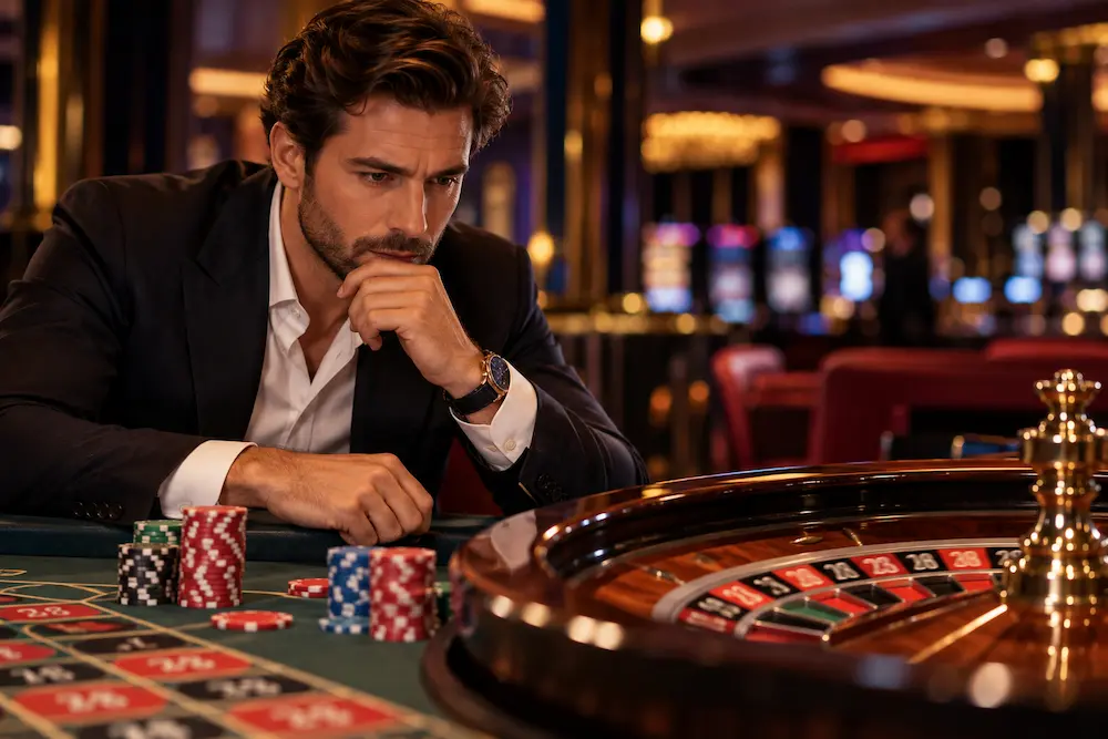 Thoughtful man sitting at a roulette table with casino chips, illustrating the Martingale roulette strategy and its betting risks.