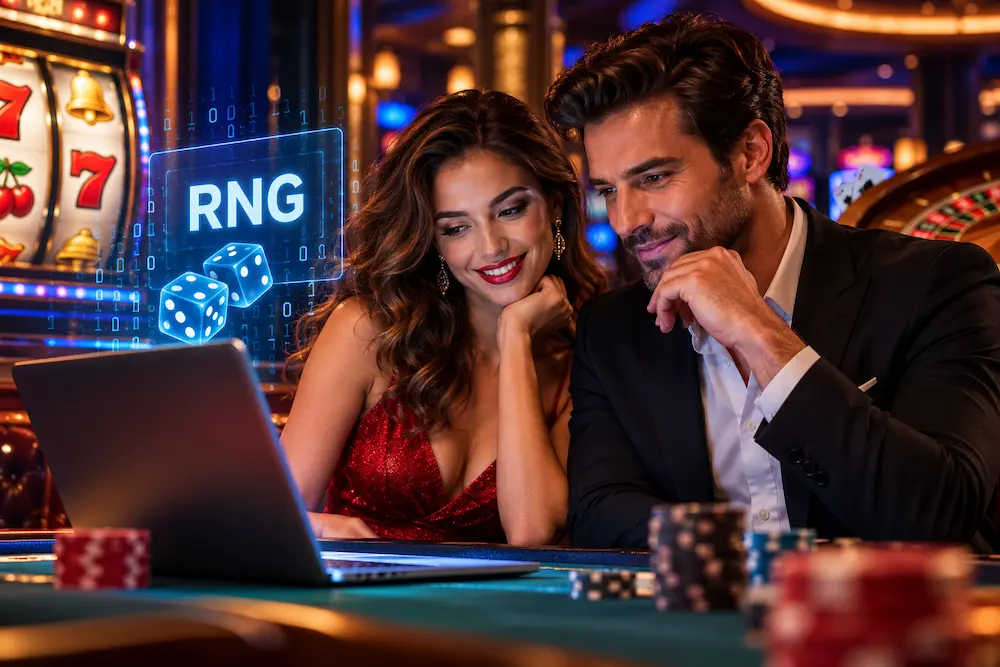 Couple exploring RNG technology and random number generation in online casino games.