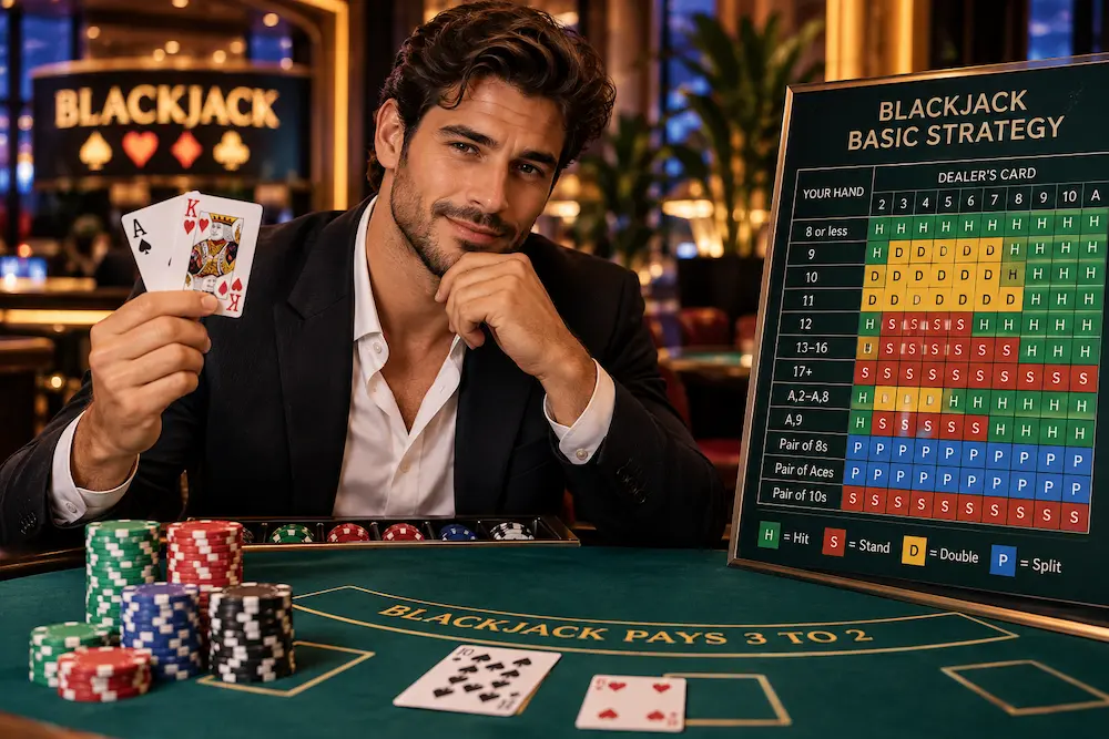 Handsome man holding playing cards at a blackjack table with a basic strategy chart in a luxury casino.