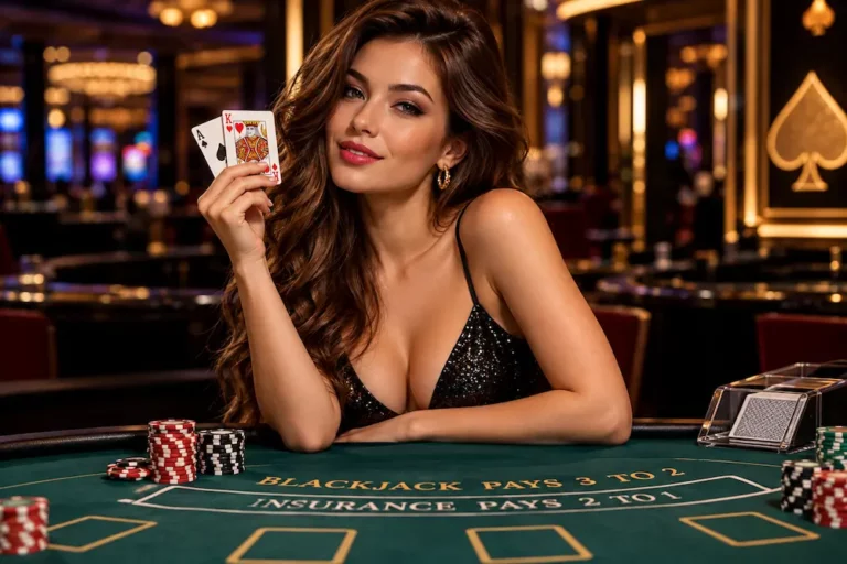 Beautiful woman holding an ace and king at a blackjack table in a luxury casino, illustrating blackjack card counting strategies.