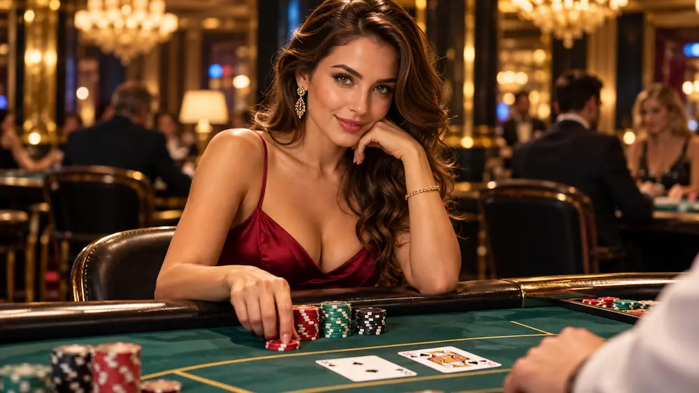 Beginner learning blackjack rules while playing cards at an elegant casino blackjack table.