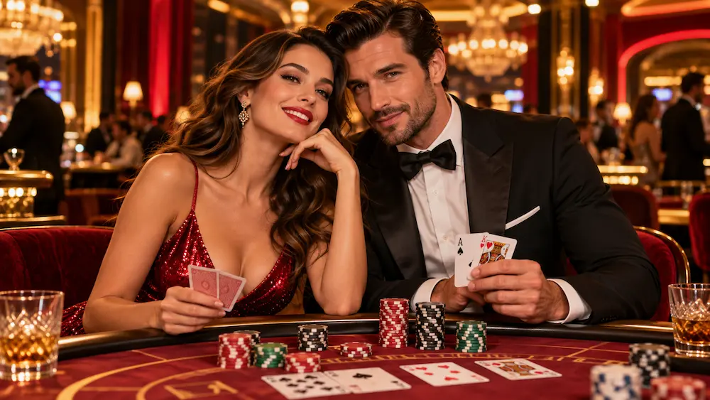 Blackjack and poker casino tables with playing cards and chips illustrating the differences between two popular card games.