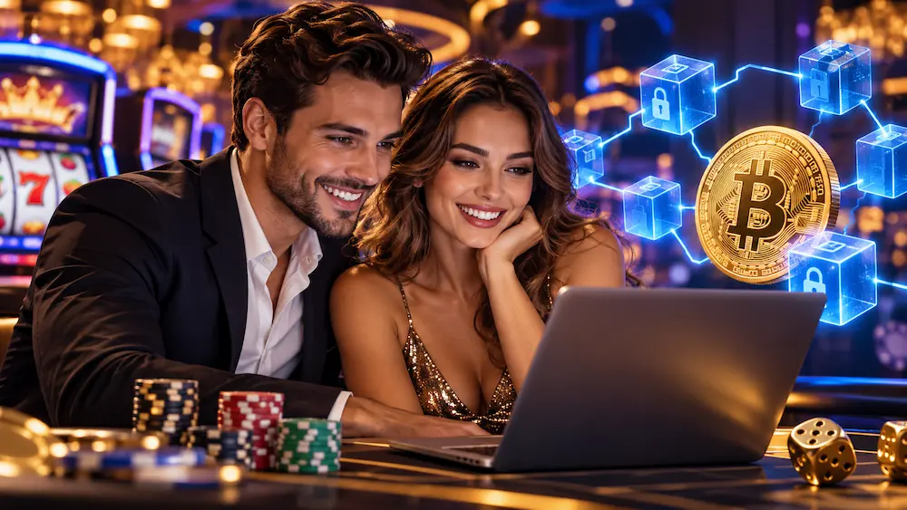 Young couple exploring blockchain technology in online gambling, with Bitcoin, cryptocurrency symbols, and digital casino games.