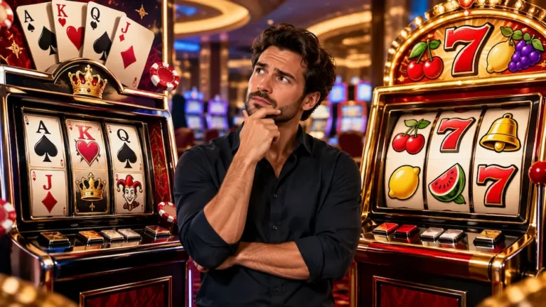 Card-based casino slot machine with playing cards next to a classic fruit slot machine