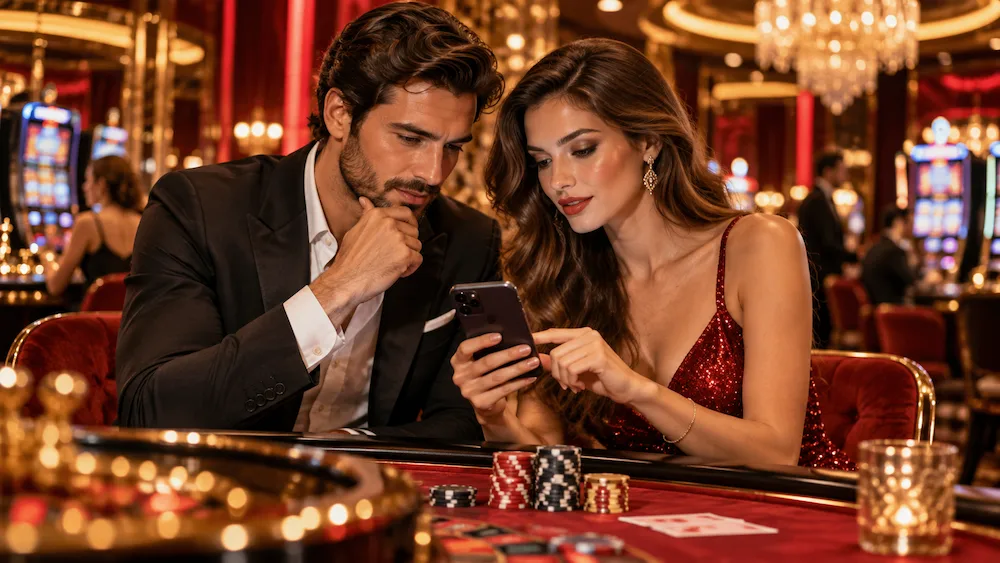 Elegant couple checking casino bonus terms on a smartphone at a luxury casino, learning why online casino bonuses get cancelled.