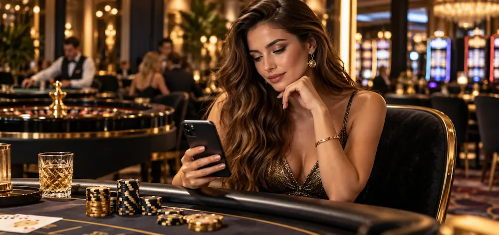 Beautiful woman in an elegant gold dress checking her smartphone at a luxury casino table with poker chips and roulette in the background.
