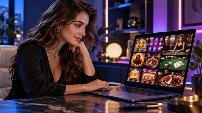 Couple comparing online casino gaming platforms, slot games, and live casino providers on a laptop