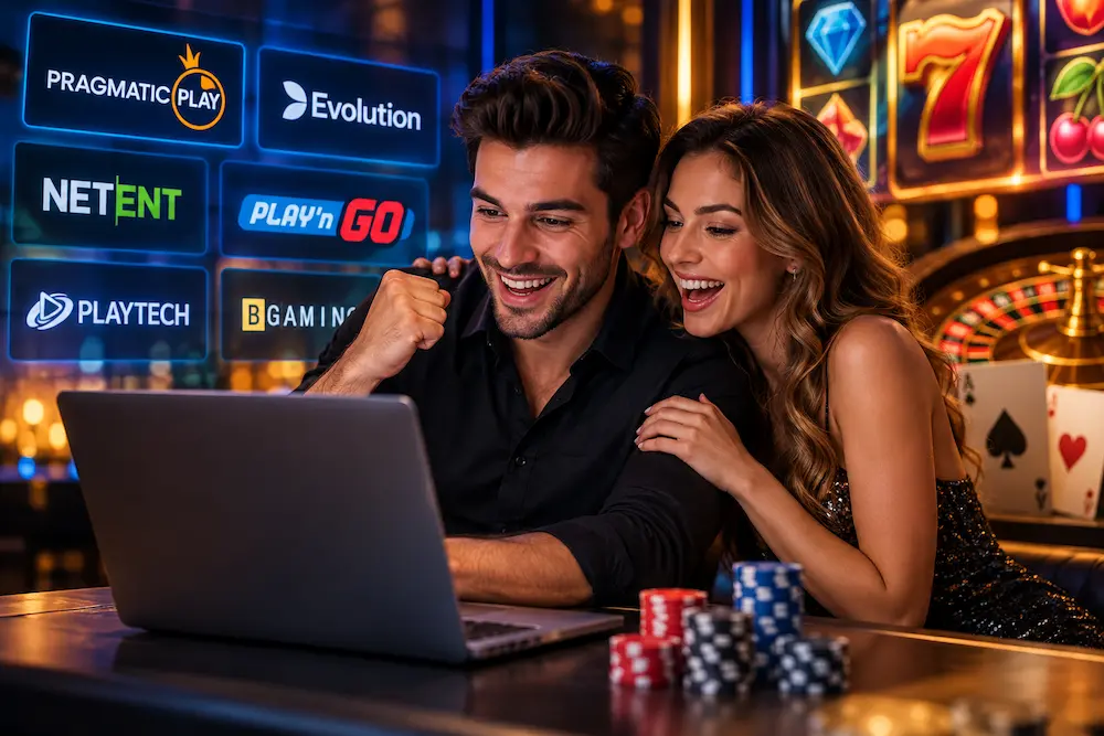 A couple exploring online casino games from different software providers on a computer screen, with colourful slot graphics in a modern gaming environment.