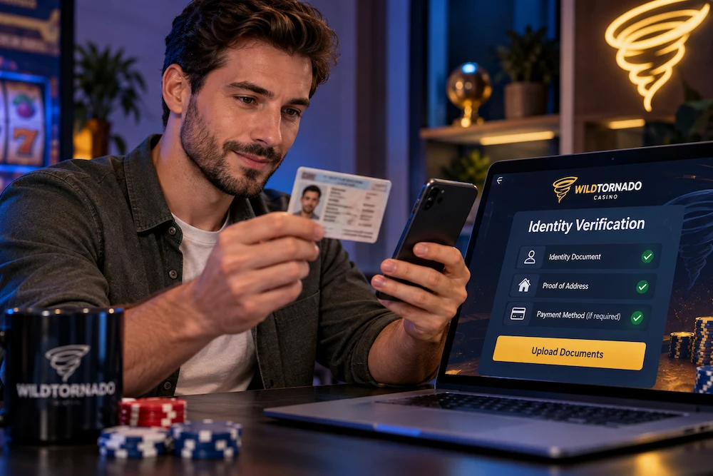Man completing online casino identity verification at WildTornado Casino using an ID card and smartphone.