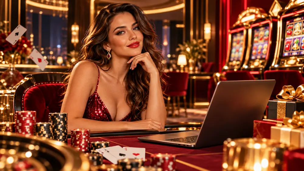 Elegant woman in a red dress at a luxury casino table with poker chips, slot machines, and promotional gifts representing online casino marketing strategies.