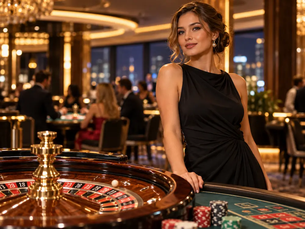 Elegant woman standing beside a roulette wheel in a luxury casino, illustrating common roulette myths and misconceptions.