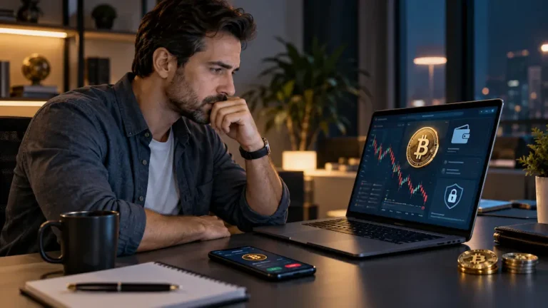 Man checking cryptocurrency wallet security and Bitcoin transactions on a laptop while researching online gambling risks
