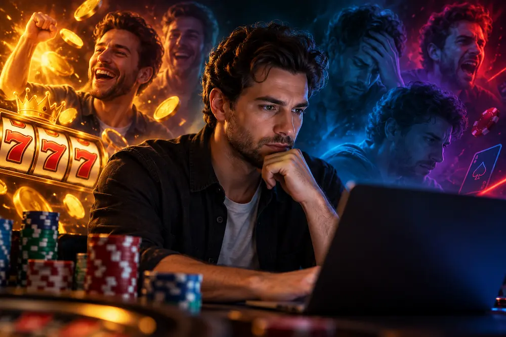 Man experiencing different emotions while making gambling decisions at an online casino.