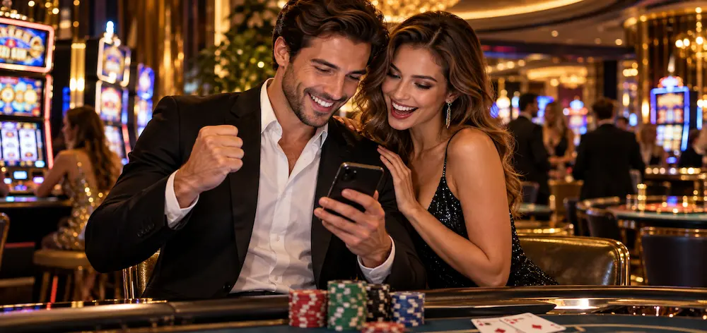 A happy couple enjoying a luxury casino experience while exploring an online casino bonus on a smartphone.