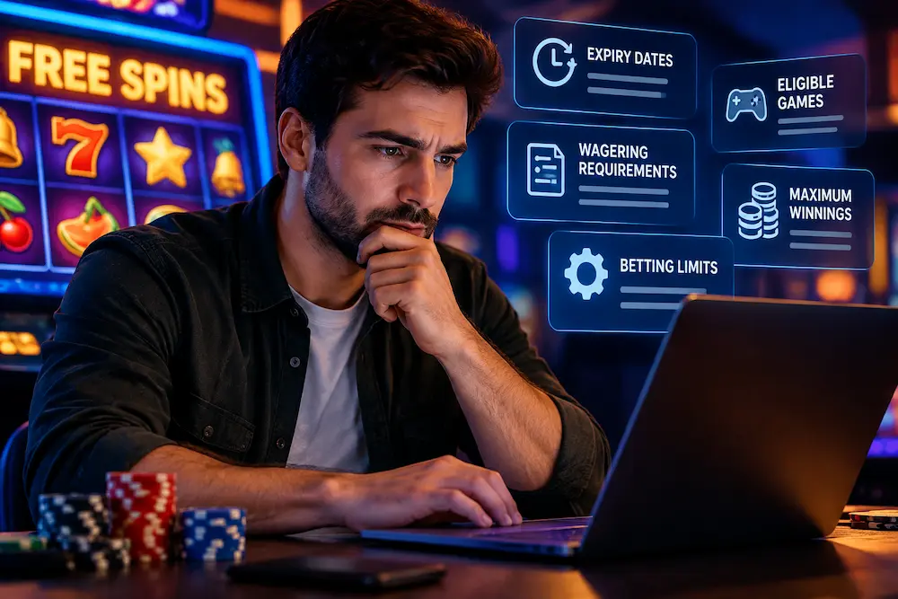 Online casino player reviewing free spins bonus terms and wagering restrictions before playing slot games