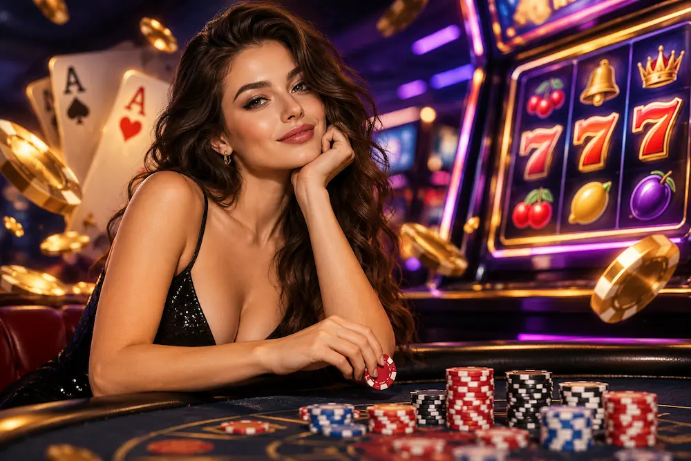 Glamorous woman at a casino table with poker chips and slot machines, illustrating how gambling advertising influences player perception.