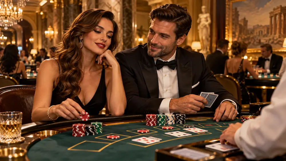 The history of blackjack illustrated by classic playing cards and a modern casino blackjack table