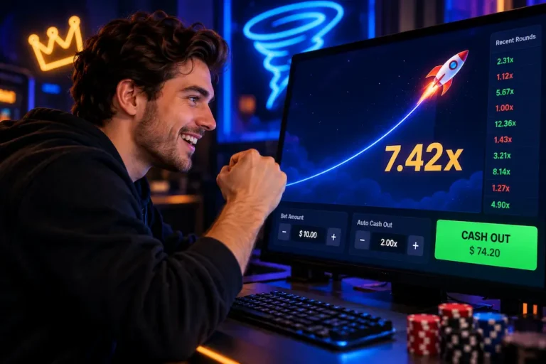 Online casino crash game featuring a rising multiplier, cash-out button, and player watching the game screen