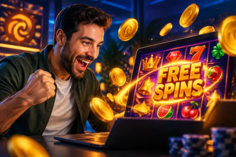 A smiling man enjoying an online slot game with free spins, golden coins, and colorful casino symbols on the screen.