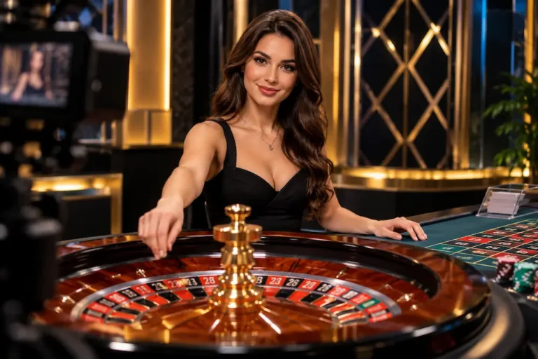 Professional live casino dealer hosting an online roulette game in a modern studio with streaming cameras