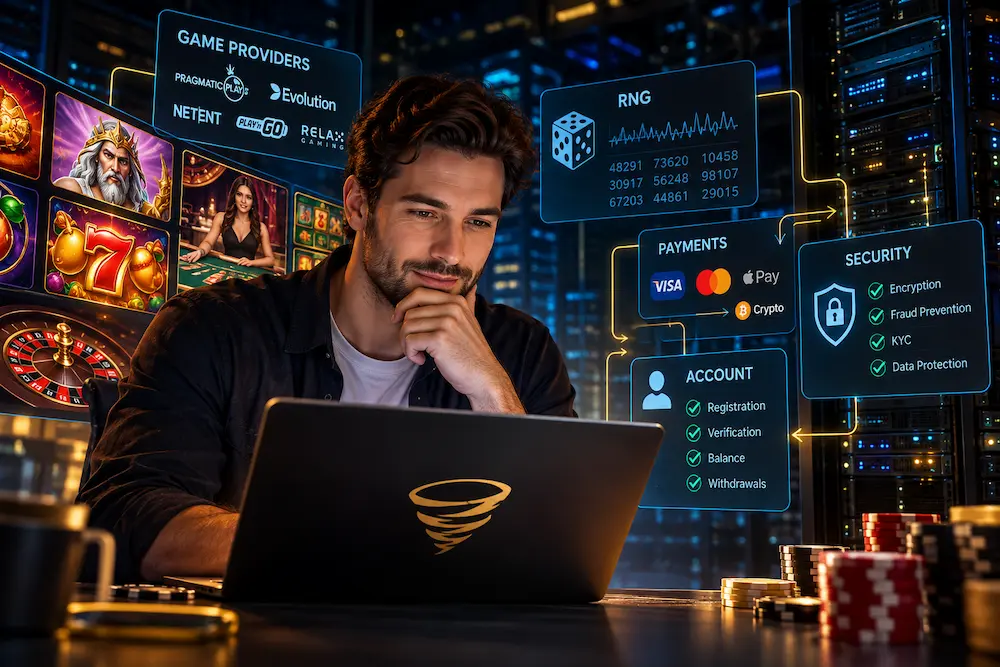 Man exploring how online casinos work behind the scenes, including RNG technology, game providers, payment systems, and security.