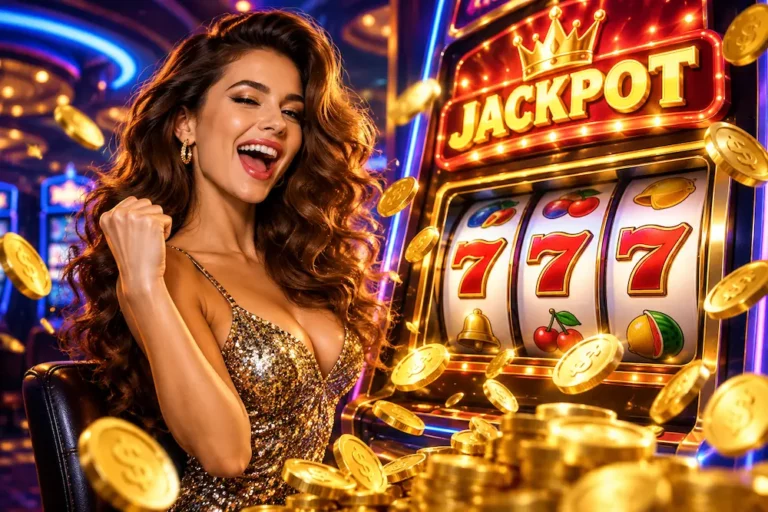 Online casino slot machine displaying a progressive jackpot prize with golden coins and illuminated reels