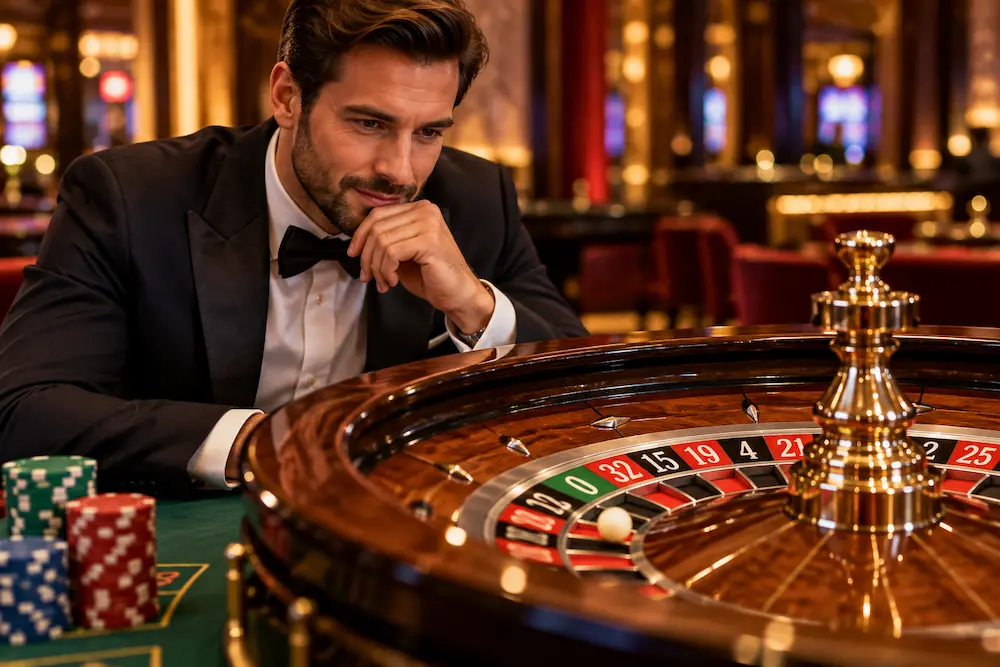 Close-up of a roulette wheel with red and black numbered pockets and a white ball in a luxurious casino setting.