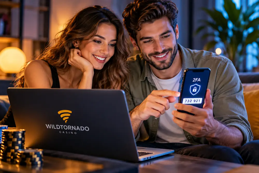 Couple using two-factor authentication on a smartphone to protect their online casino account while browsing WildTornado Casino.