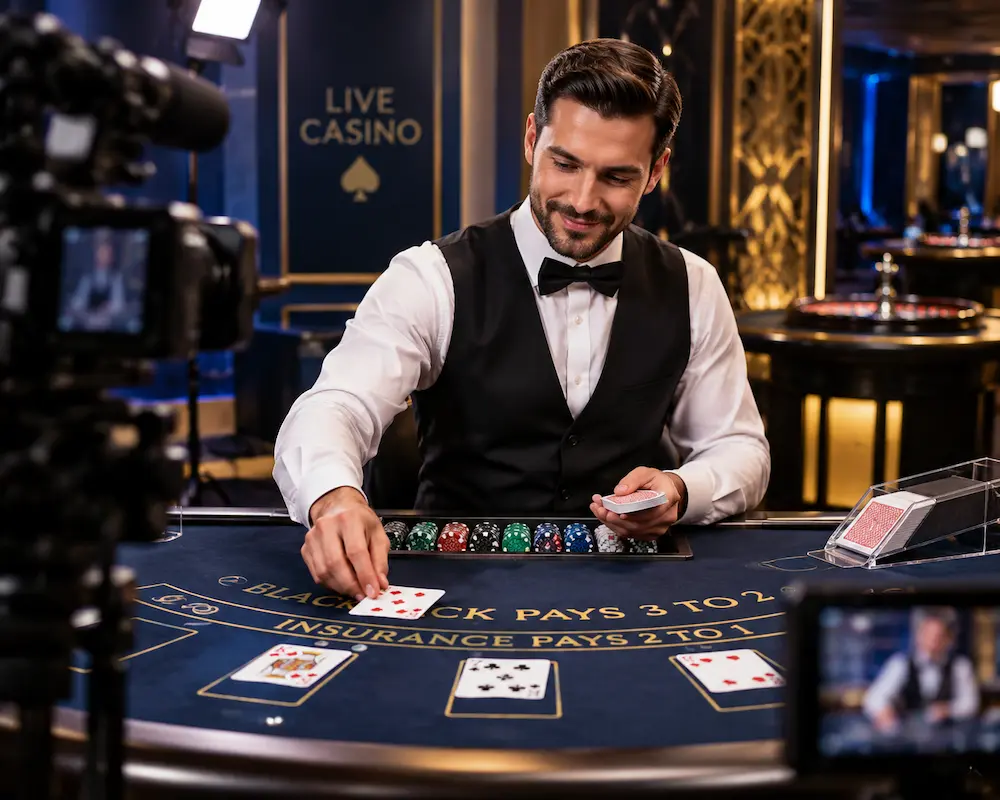 Live casino dealer practising card dealing techniques in a professional gaming studio.