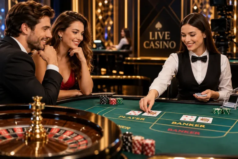 Elegant couple enjoying a live dealer casino game with a professional dealer, playing cards, roulette wheel, and casino chips in a luxurious casino setting.