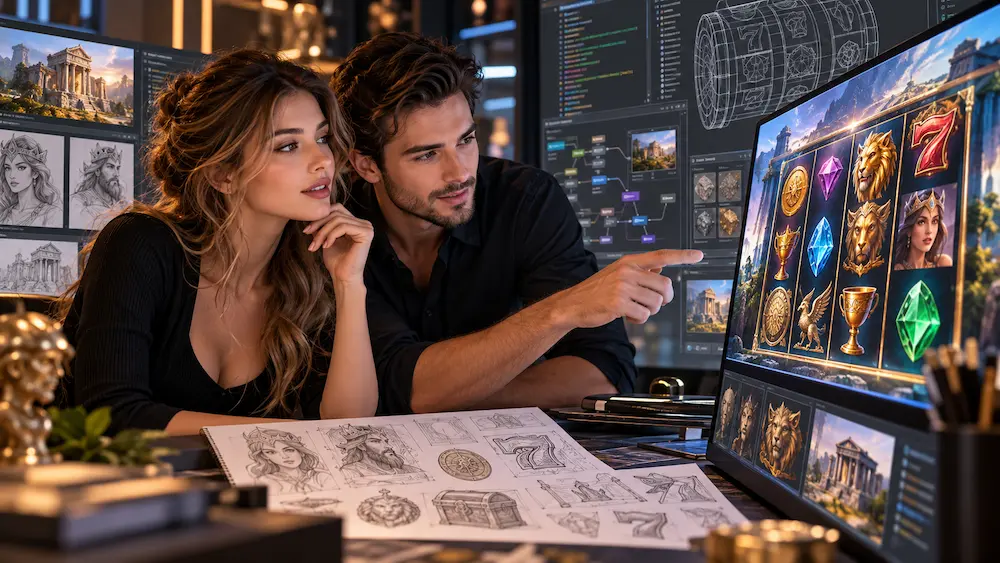 Game developer creating a modern online slot machine with digital reels and casino graphics