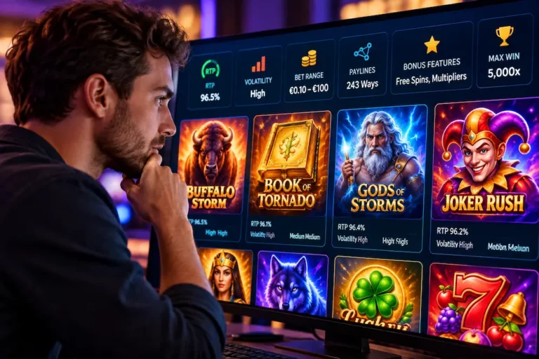Player comparing online slot machine features, RTP percentages, volatility levels, and bonus symbols on a casino screen