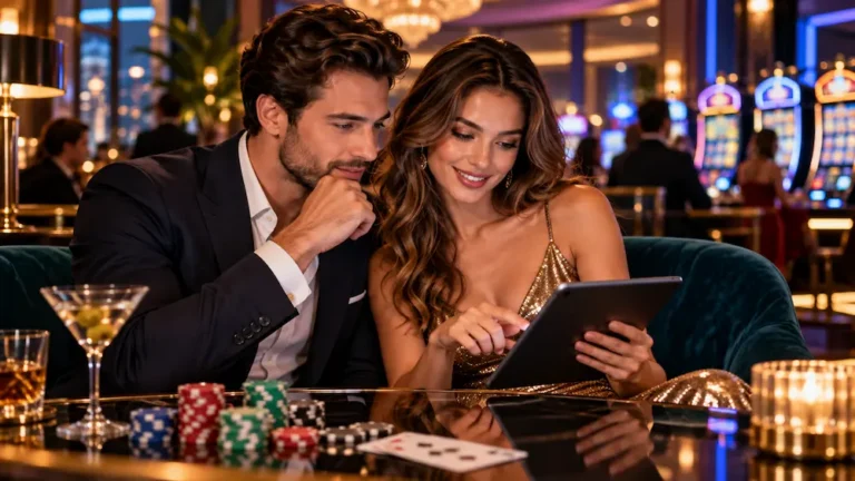 Man comparing online casino bonus offers, wagering requirements, and free spins promotions on a laptop