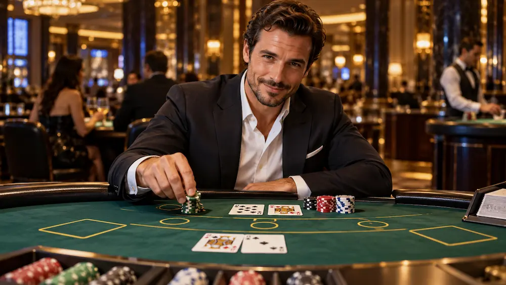 Man playing blackjack at a casino table with cards and chips, learning basic blackjack rules and strategies.