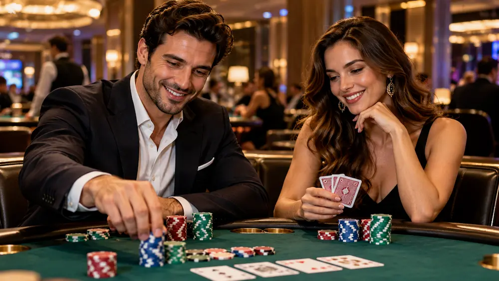 A couple playing poker at a casino table with playing cards and colorful poker chips.