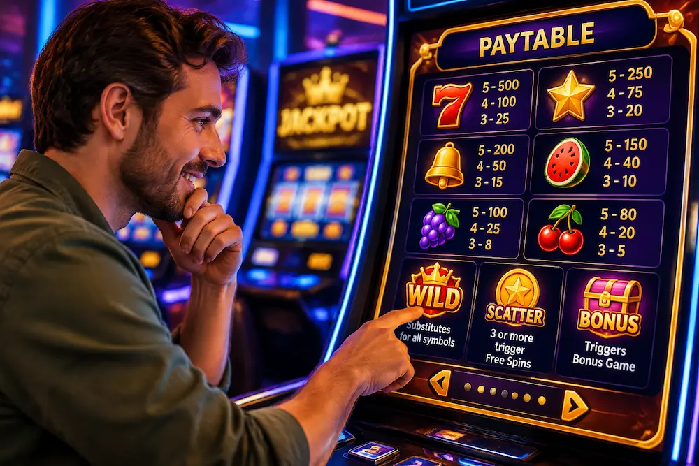 A colorful online slot machine with different symbols and a visible payout table on the screen
