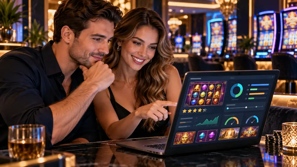 Player reading an online slot review and comparing RTP, volatility, and bonus features