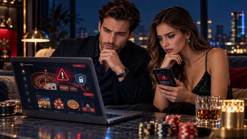 Man checking an online casino website for fraud warning signs and security risks