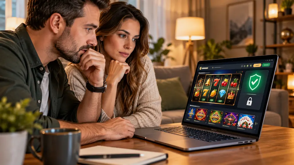 Woman checking the authenticity and security of an online casino website on her laptop
