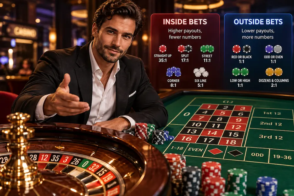 Inside and outside roulette bets explained with a roulette wheel, betting table, and casino chips.