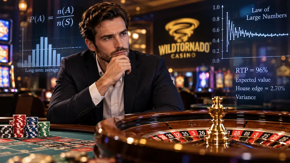 Man analyzing casino probability and the law of large numbers while playing roulette
