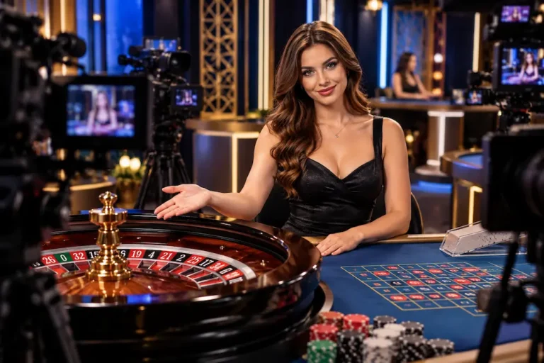Professional live casino studio with multiple HD cameras, roulette table, and live dealer during an online broadcast