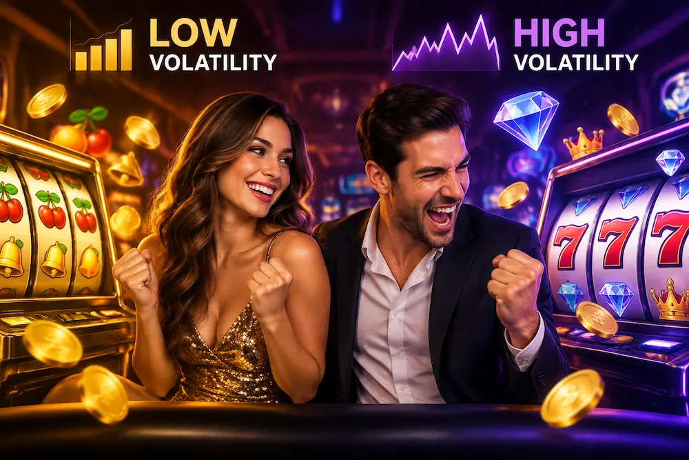 A couple enjoying casino slot games illustrating the differences between low and high volatility slots.