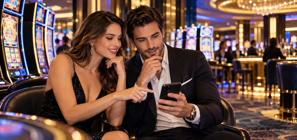 A stylish couple in a luxury casino reviewing a smartphone while learning about bonus wagering rules and maximum bet limits.